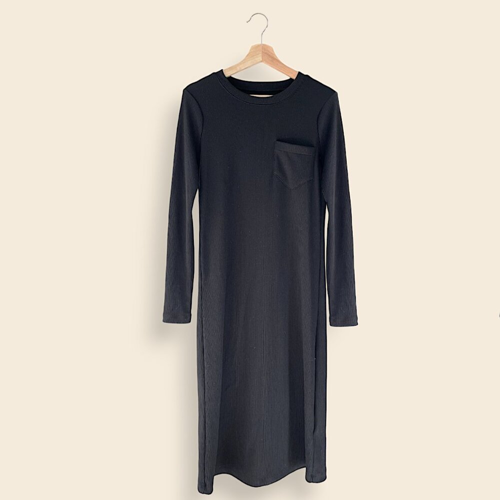 Madewell Ribbed Pocket Tee Midi Dress, Black, Size XS